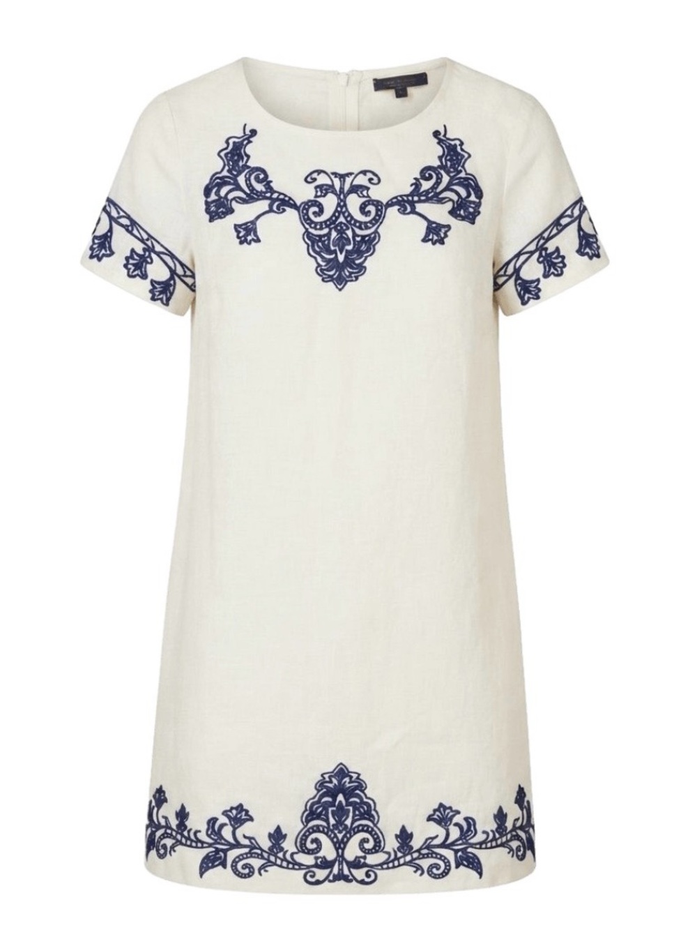 Lulu's Ivory Shift Dress Tunic with Navy Embroidery